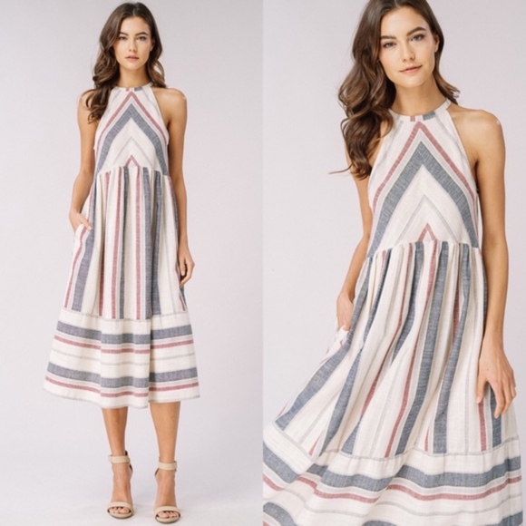 LAST // Striped Woven Halter Dress with Pockets - Picture 2 of 3